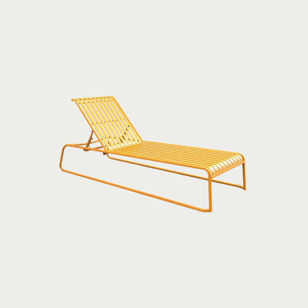 A yellow metal Brighton sun bed with an adjustable backrest, placed against a white background.