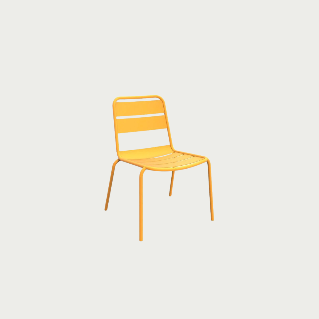 A yellow metal Sprout Side Chair with a minimalistic design, suitable for outdoor use.