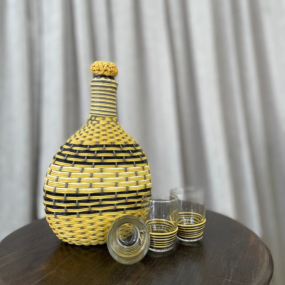 Vintage Glass Plastic Wicker Jug and Glass Set