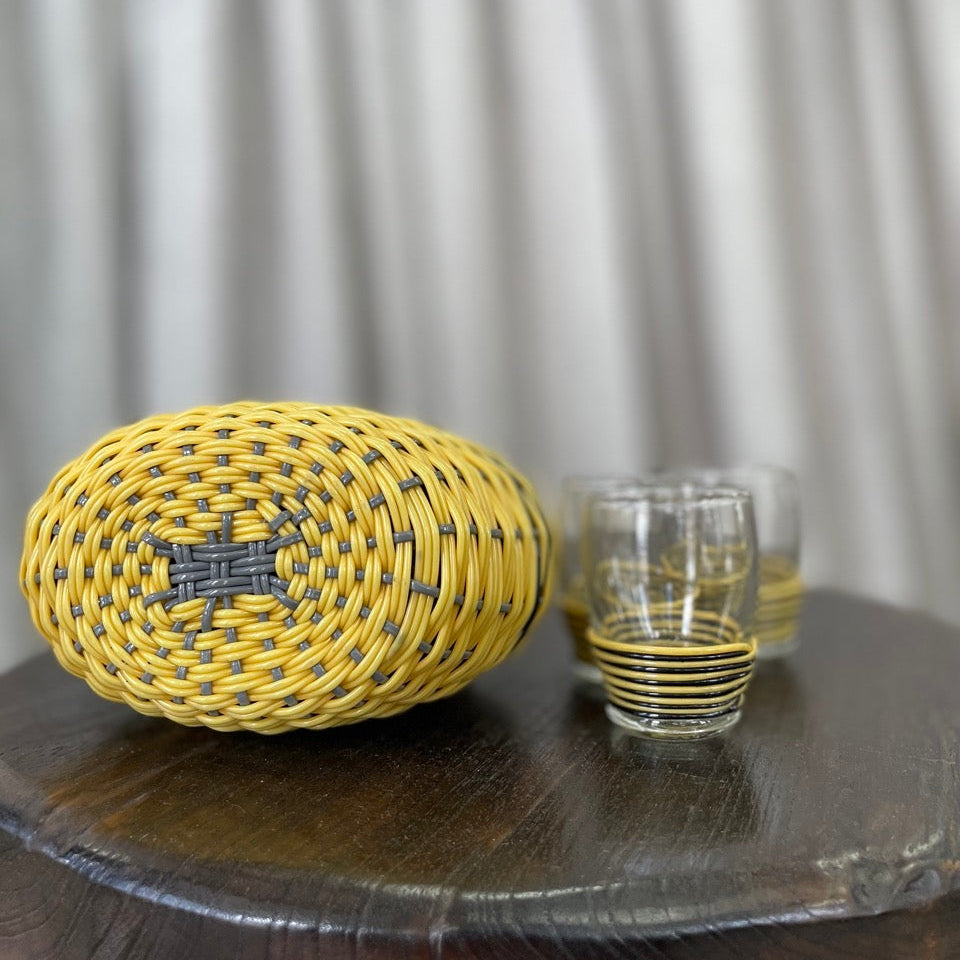 Vintage Glass Plastic Wicker Jug and Glass Set