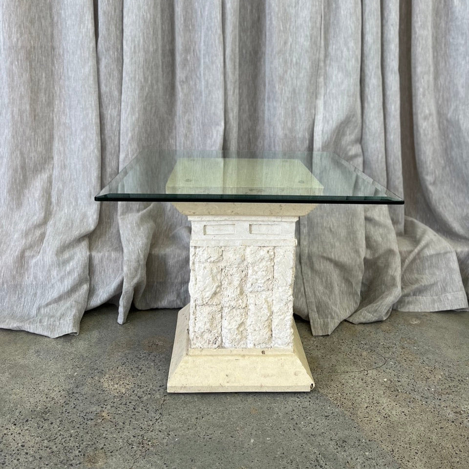 Vintage Fossil Stone and Glass Side Table