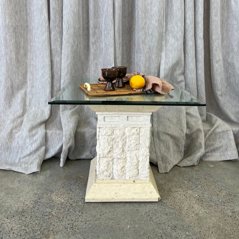 Vintage Fossil Stone and Glass Side Table