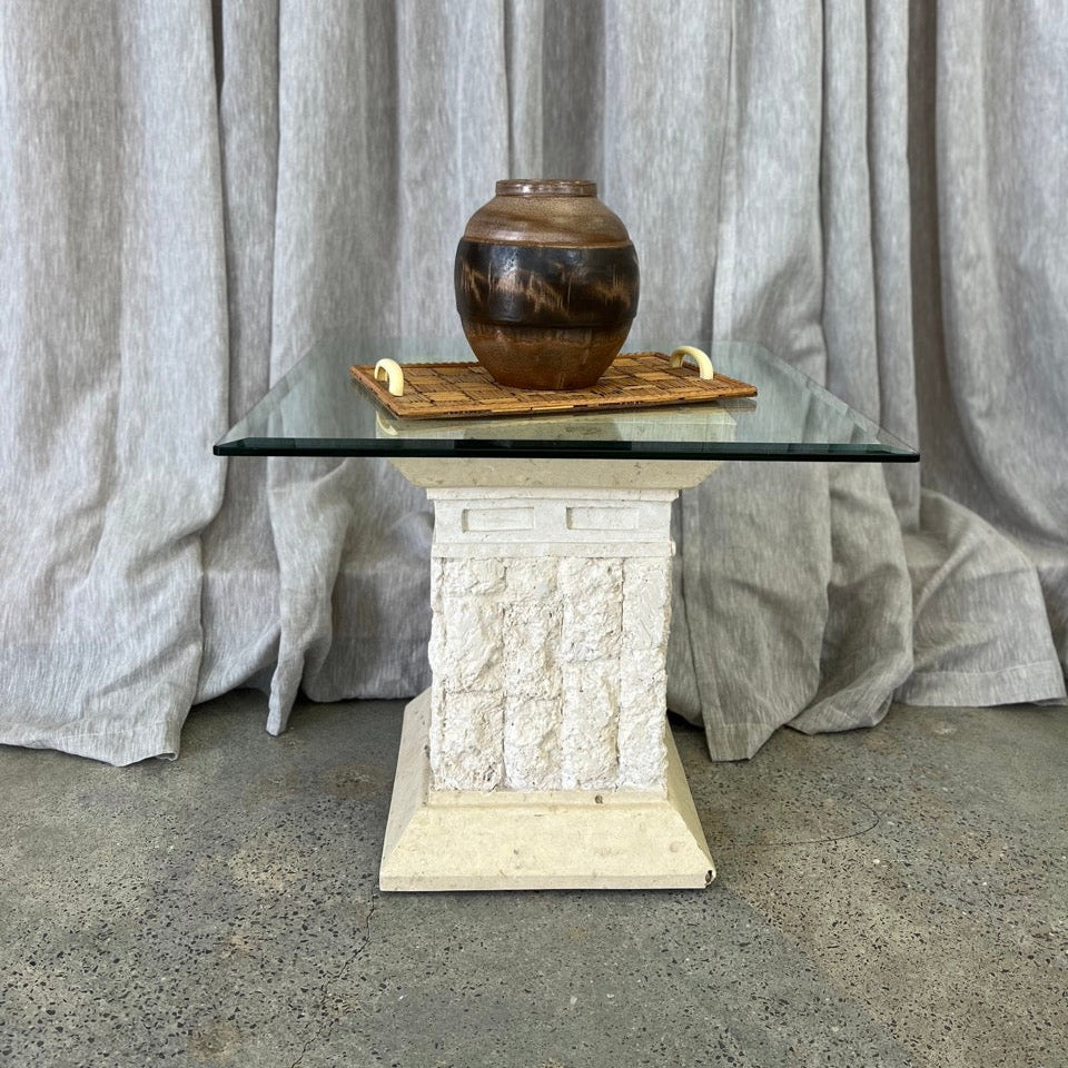Vintage Fossil Stone and Glass Side Table