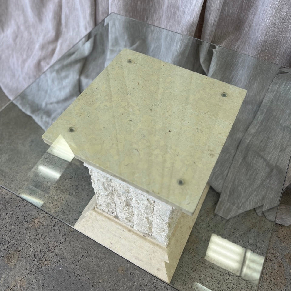 Vintage Fossil Stone and Glass Side Table