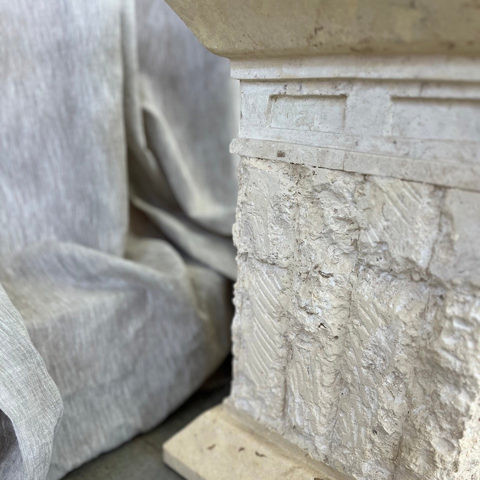 Vintage Fossil Stone and Glass Side Table