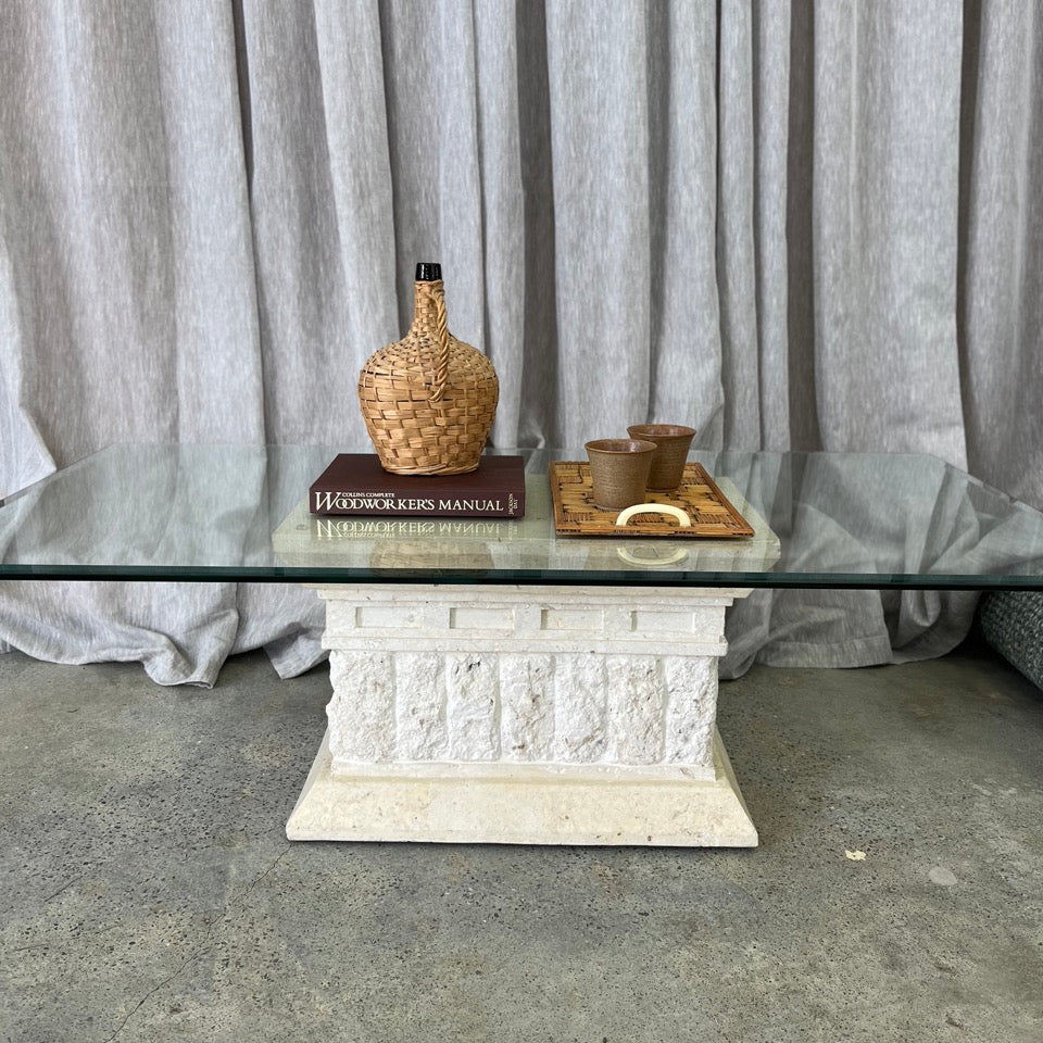 Vintage Fossil Stone and Glass Coffee Table
