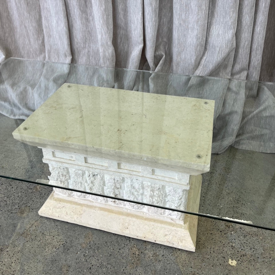 Vintage Fossil Stone and Glass Coffee Table