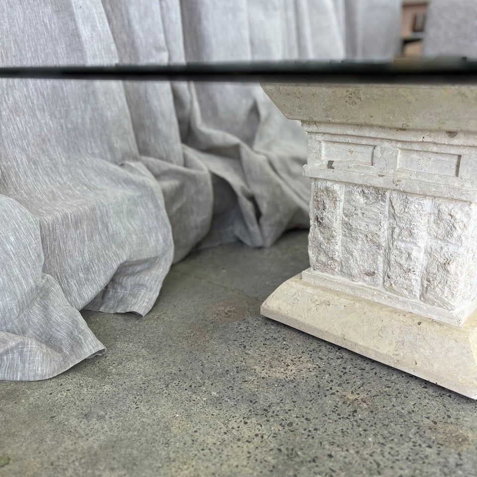 Vintage Fossil Stone and Glass Coffee Table