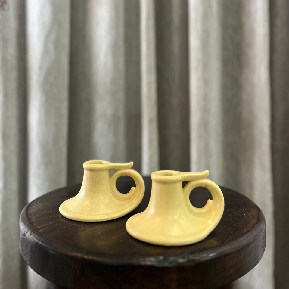 Vintage Butter Yellow Ceramic Candlestick Holder Set of 2