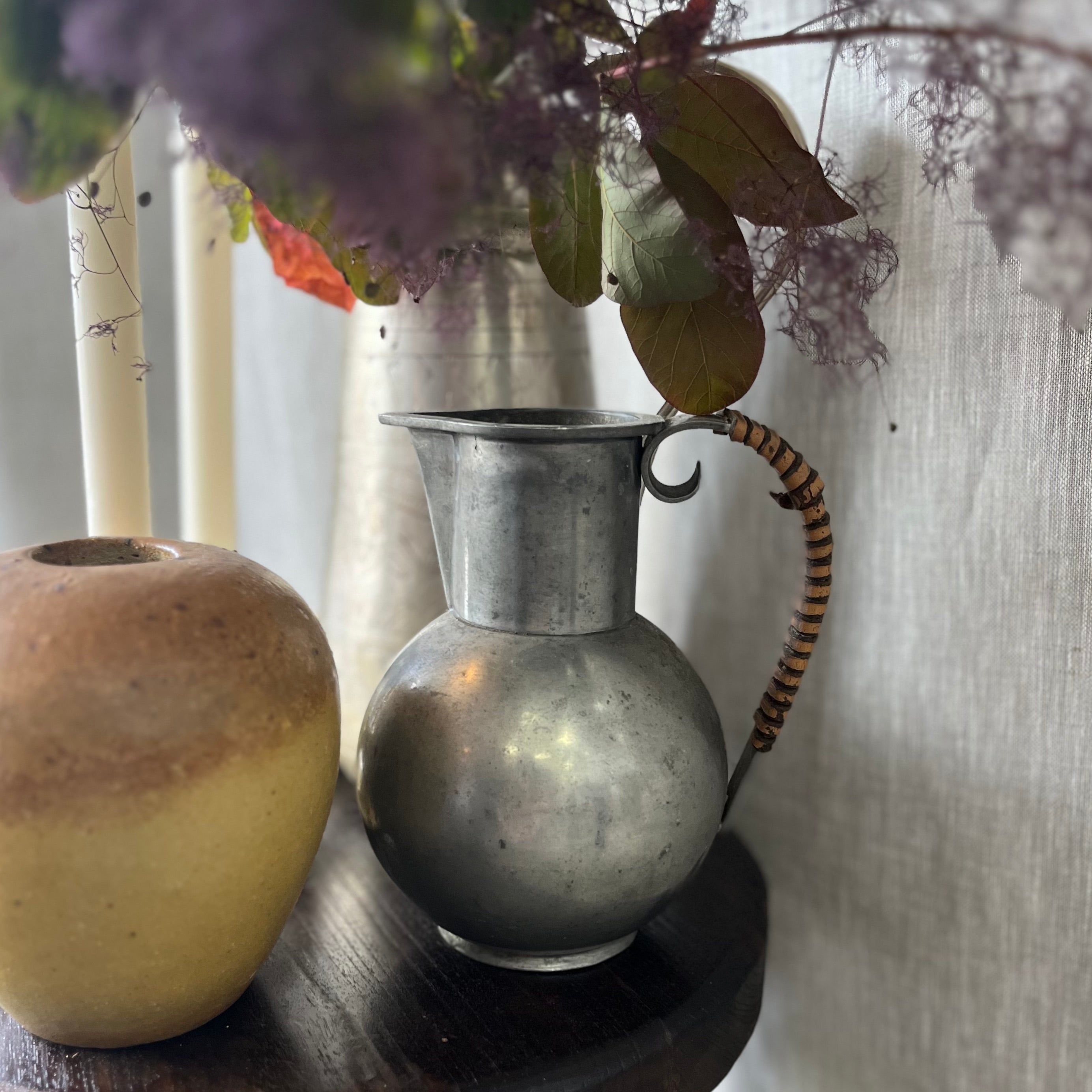 Vintage Pewter Jug With Leather Handle