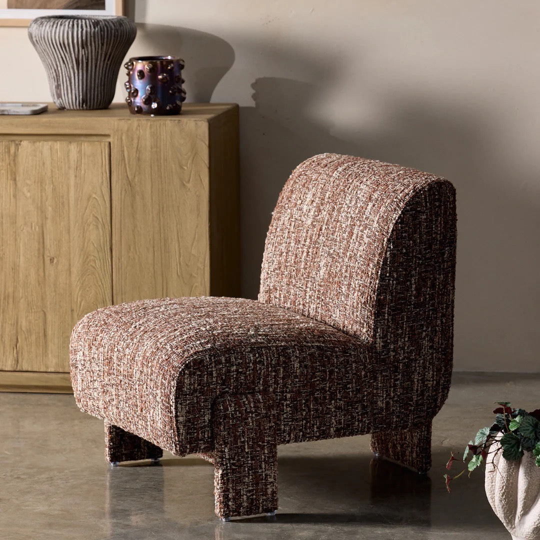 Laurie Occasional Chair in Brown, armless slipper-style silhouette in textured patterned fabric.
