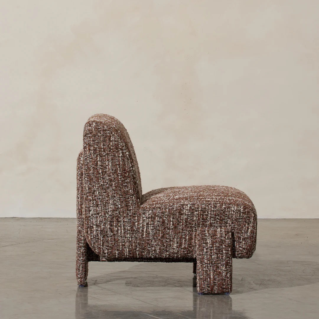 Laurie Occasional Chair in Brown, armless slipper-style silhouette in textured patterned fabric.