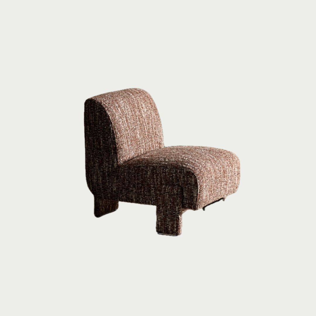 Laurie Occasional Chair in Brown, armless slipper-style silhouette in textured patterned fabric, shown on a white background.