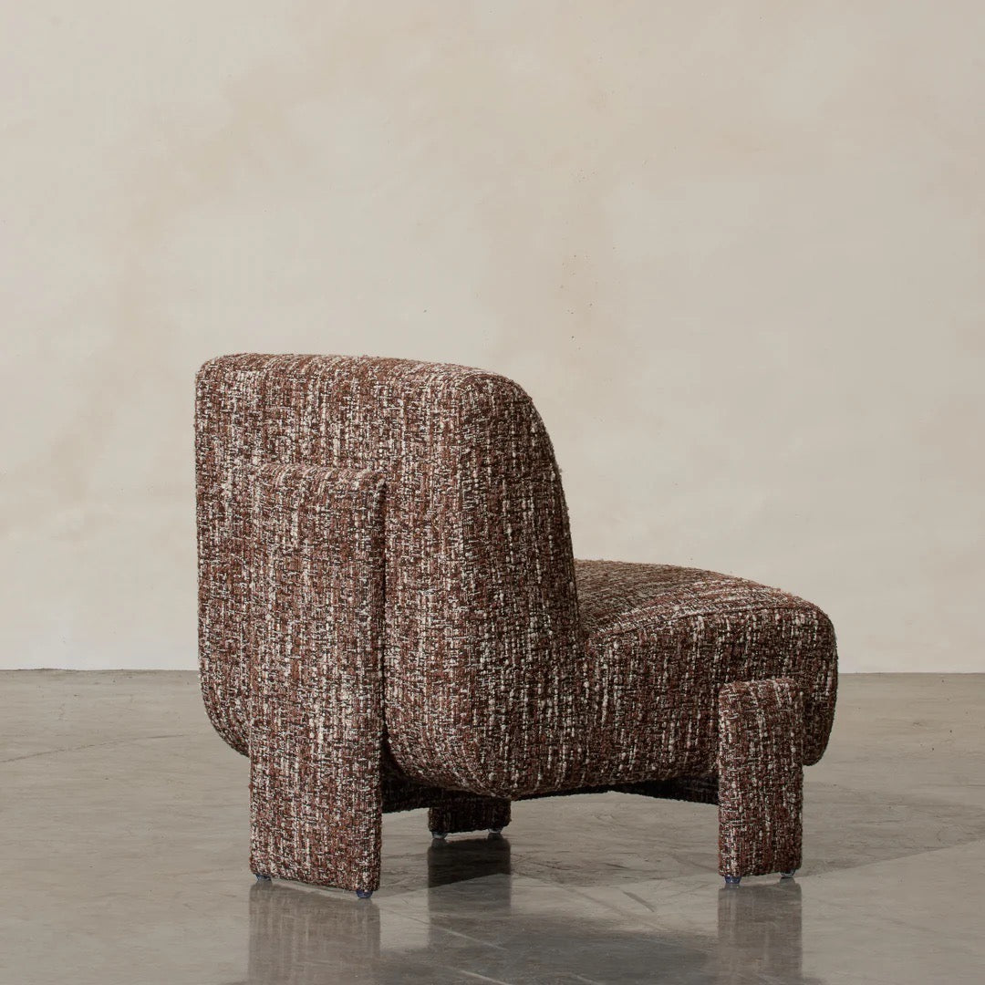 Laurie Occasional Chair in Brown, armless slipper-style silhouette in textured patterned fabric.