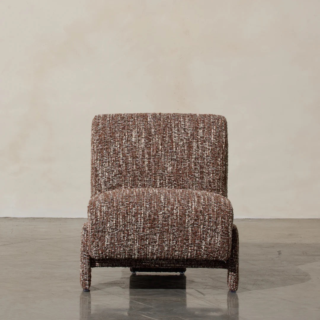 Laurie Occasional Chair in Brown, armless slipper-style silhouette in textured patterned fabric.