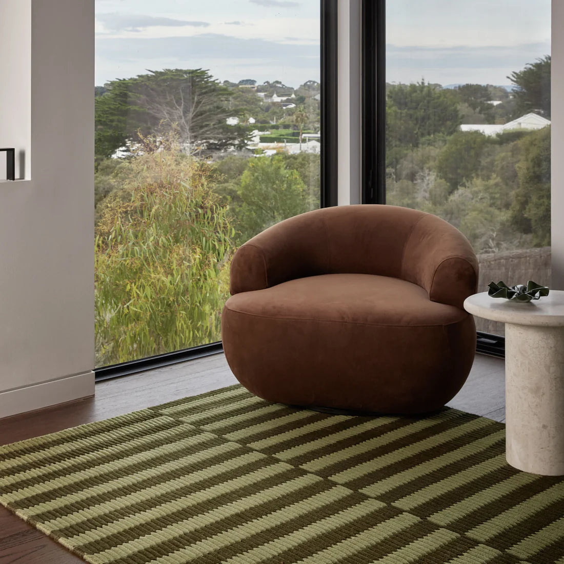 Olive Linea wool rug in a deep forest green — handloomed textural detail, Elan & Earth at Good Huis Co Geelong