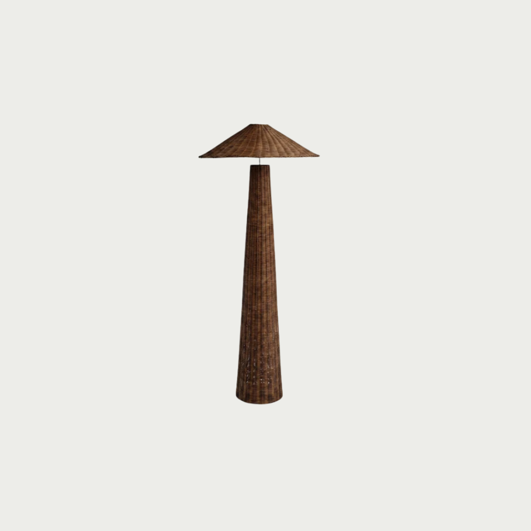 A tall, slender floor lamp with a tapered dark brown textured base and a matching conical shade, centered on a light gray background.