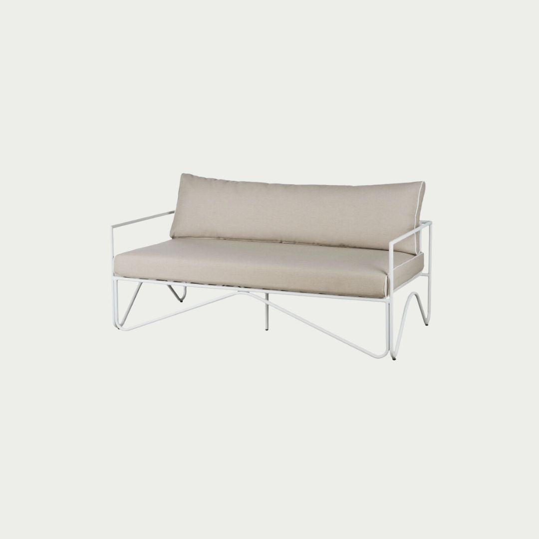Lloyd Outdoor Sofa in Taupe, curved aluminium frame with removable cushioned cover, shown on a white background.