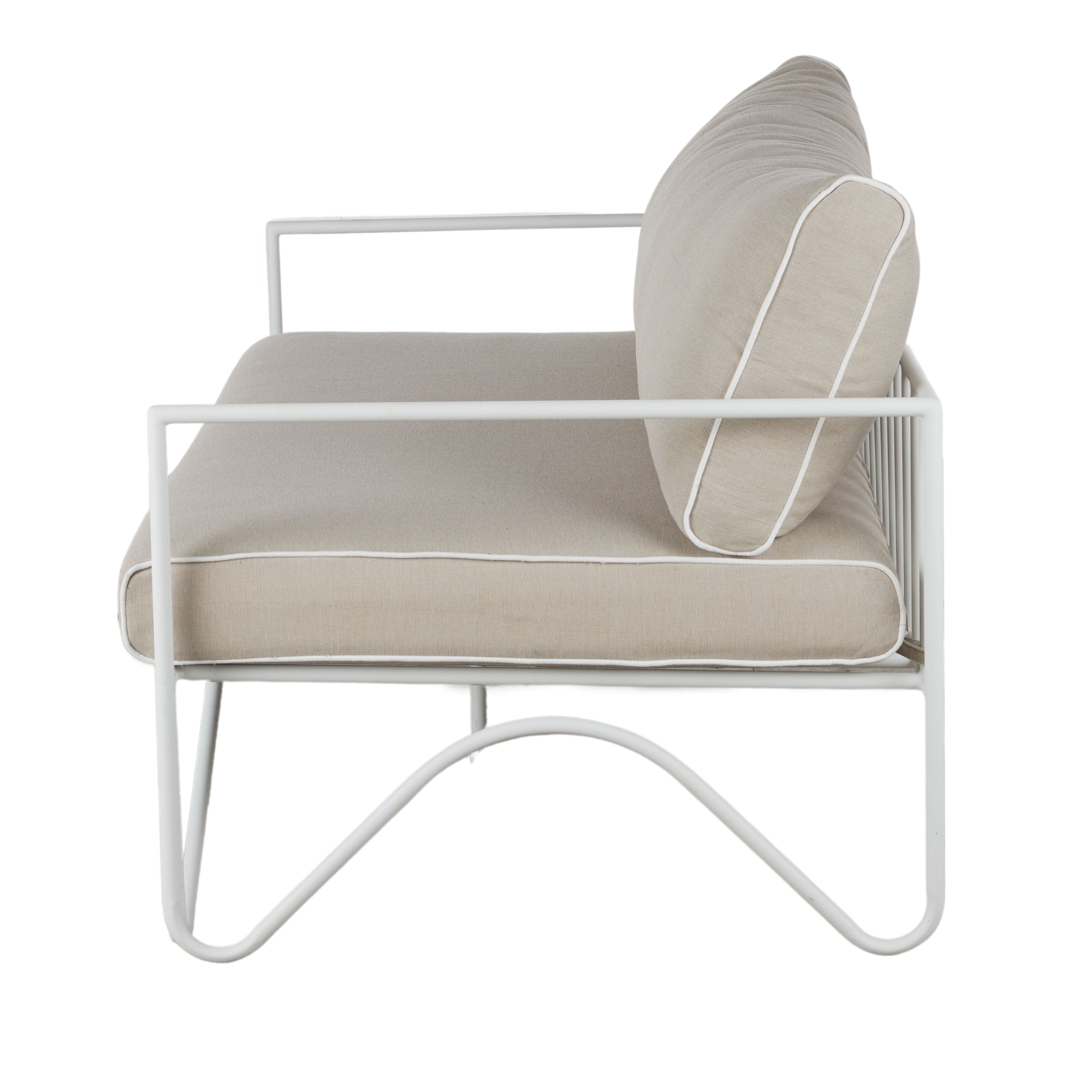 Lloyd Outdoor Sofa in Taupe, curved aluminium frame with removable cushioned cover, shown on a white background.