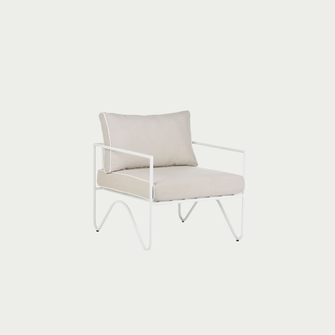 Lloyd Outdoor Armchair in Taupe, curved aluminium frame with removable cushioned cover.