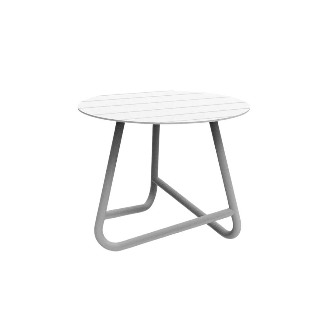 A small round white metal side table with a simplistic and modern design, suitable for outdoor use.