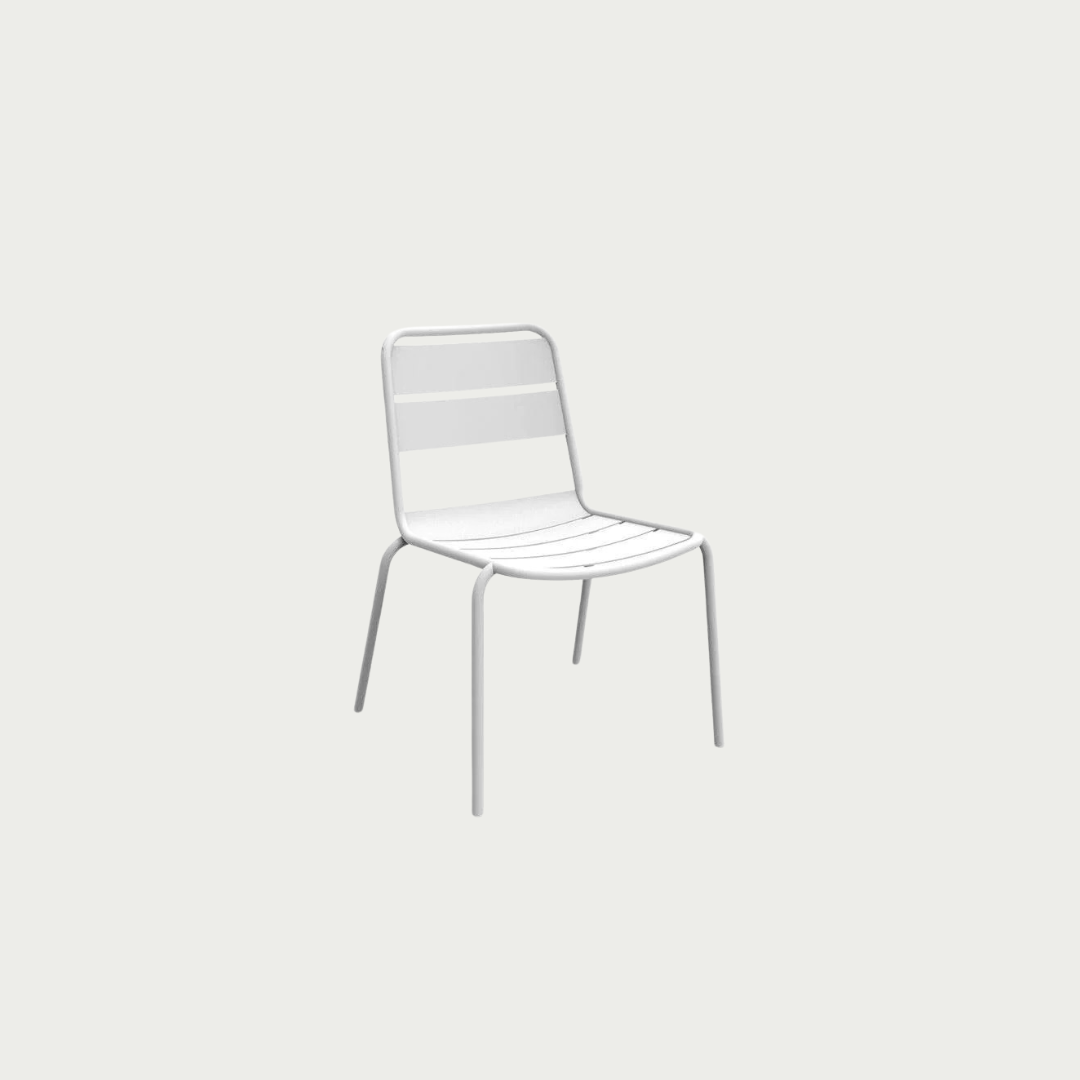 A white metal Sprout Side Chair with a minimalistic design, suitable for outdoor use.