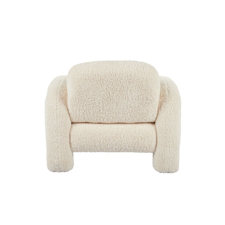 Mia Armchair in off-white bouclé, chunky sculptural silhouette with rounded oversized arms.