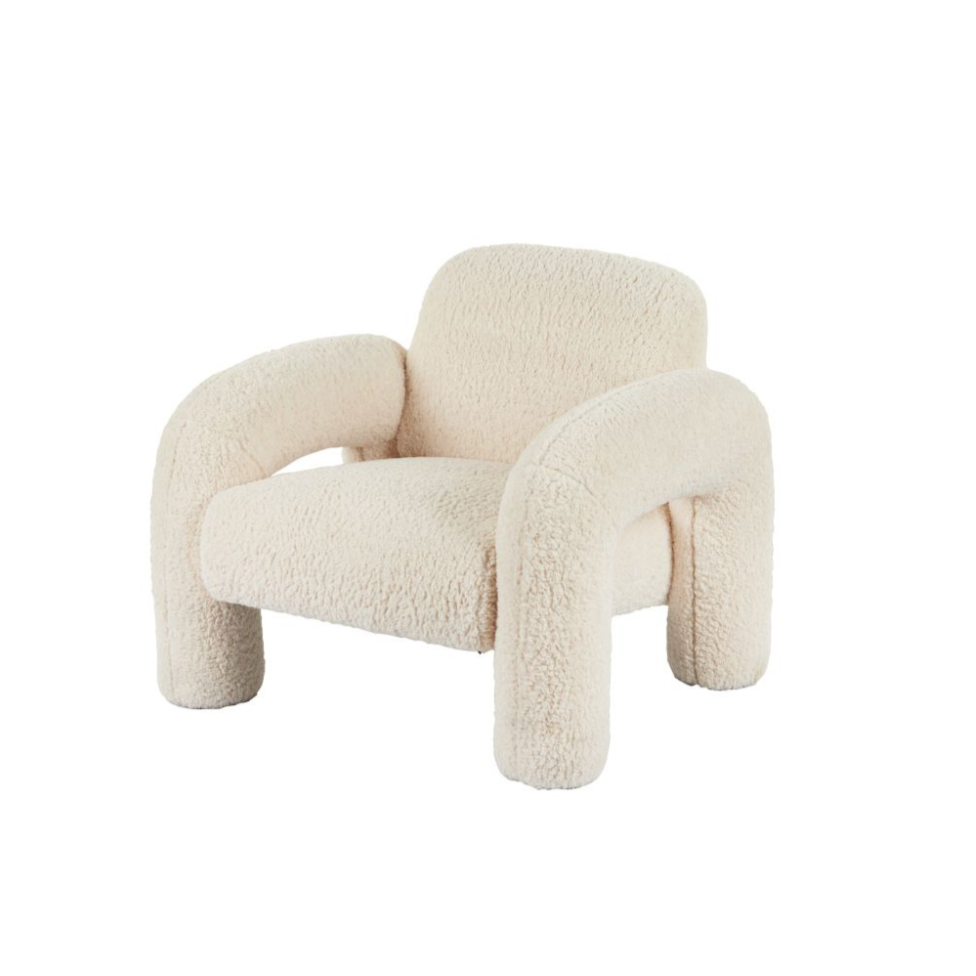 Mia Armchair in off-white bouclé, chunky sculptural silhouette with rounded oversized arms.