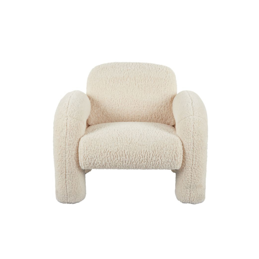 Mia Armchair in off-white bouclé, chunky sculptural silhouette with rounded oversized arms.