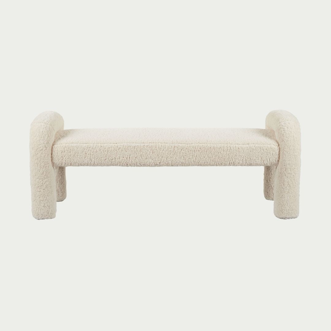 Mia Bench in off-white bouclé, rounded arm ends and chunky cylindrical legs, shown on a white background.