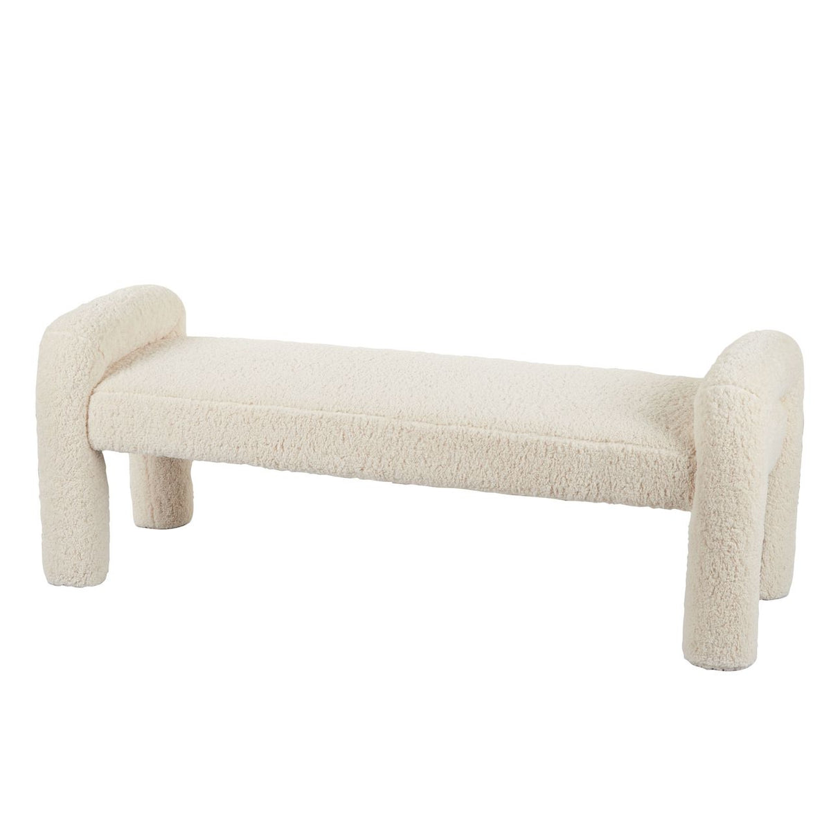Mia Bench in off-white bouclé, rounded arm ends and chunky cylindrical legs, shown on a white background.