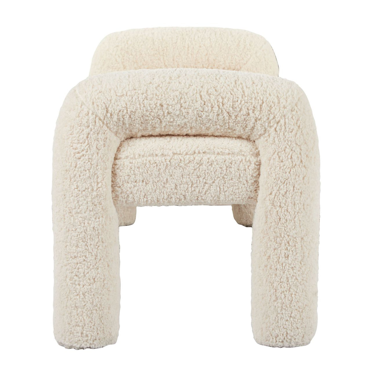 Mia Bench in off-white bouclé, rounded arm ends and chunky cylindrical legs, shown on a white background.