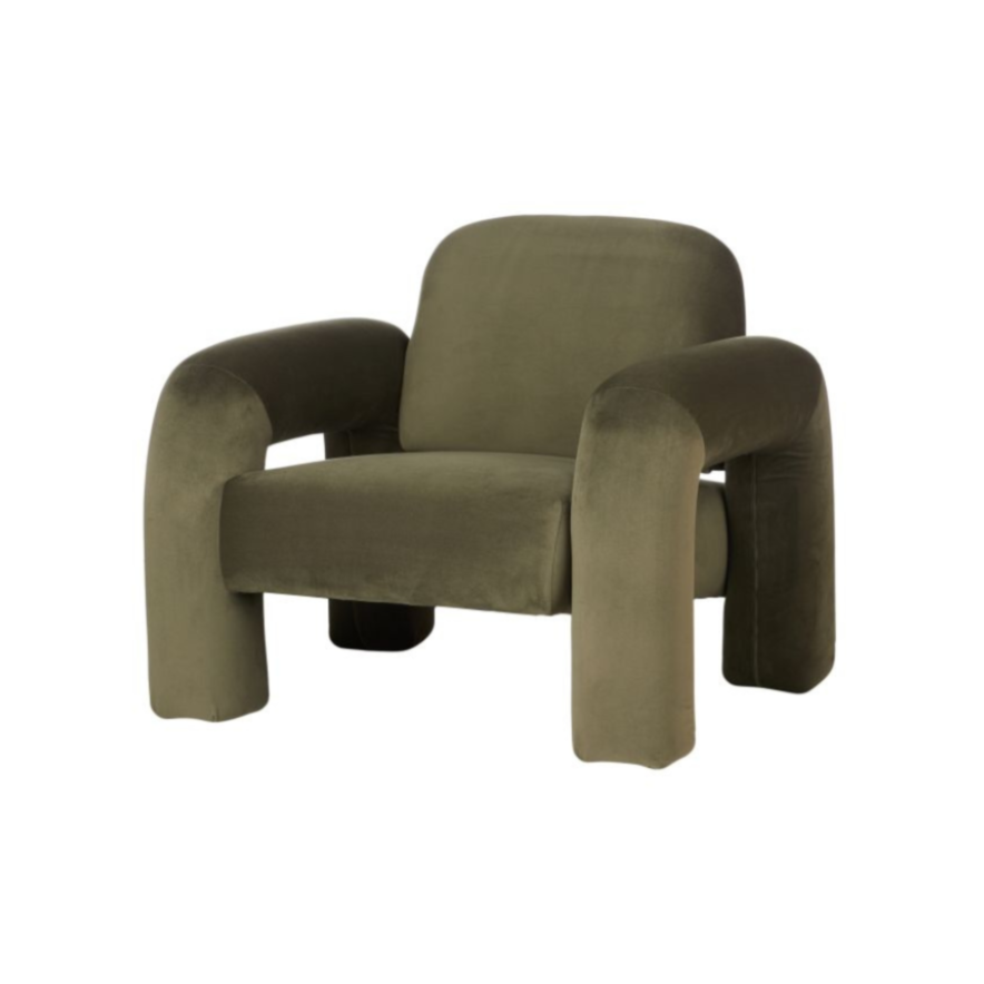Mia Armchair in olive velvet, chunky sculptural silhouette with rounded oversized arms.