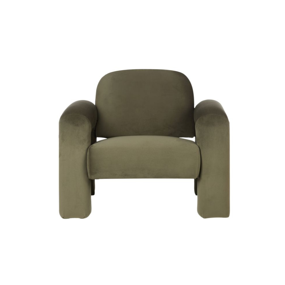 Mia Armchair in olive velvet, chunky sculptural silhouette with rounded oversized arms.