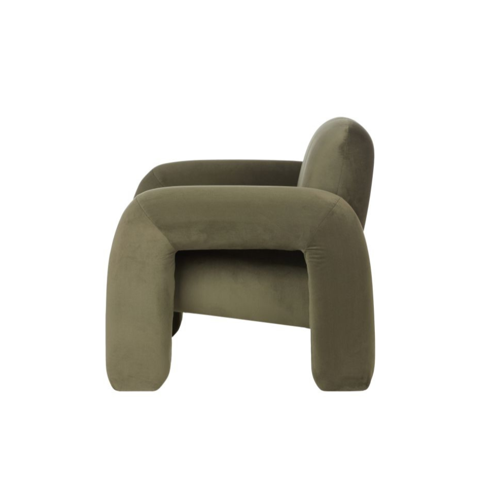 Mia Armchair in olive velvet, chunky sculptural silhouette with rounded oversized arms.
