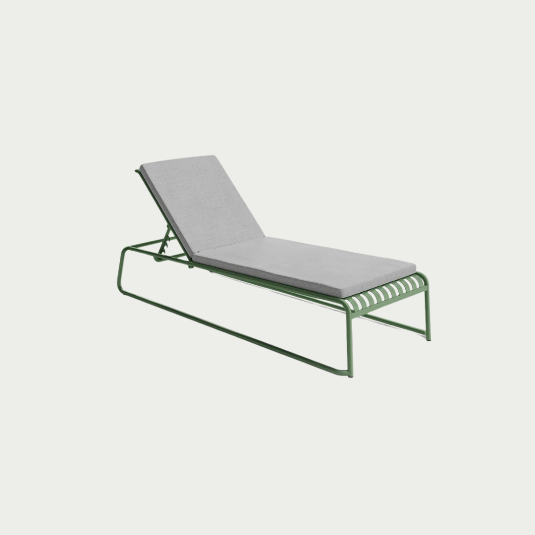 sun lounge with green frame and grey cushion on a white background