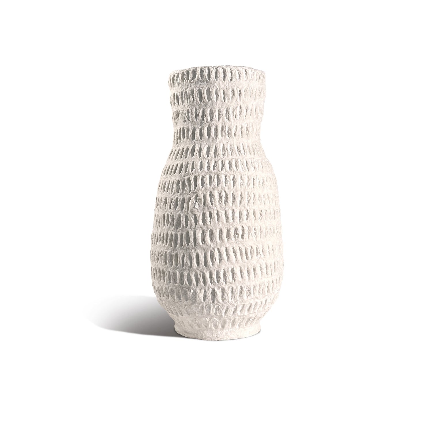 Recycled Cotton Long Vase, tall tapered silhouette with a perforated textured surface, shown on a white background.