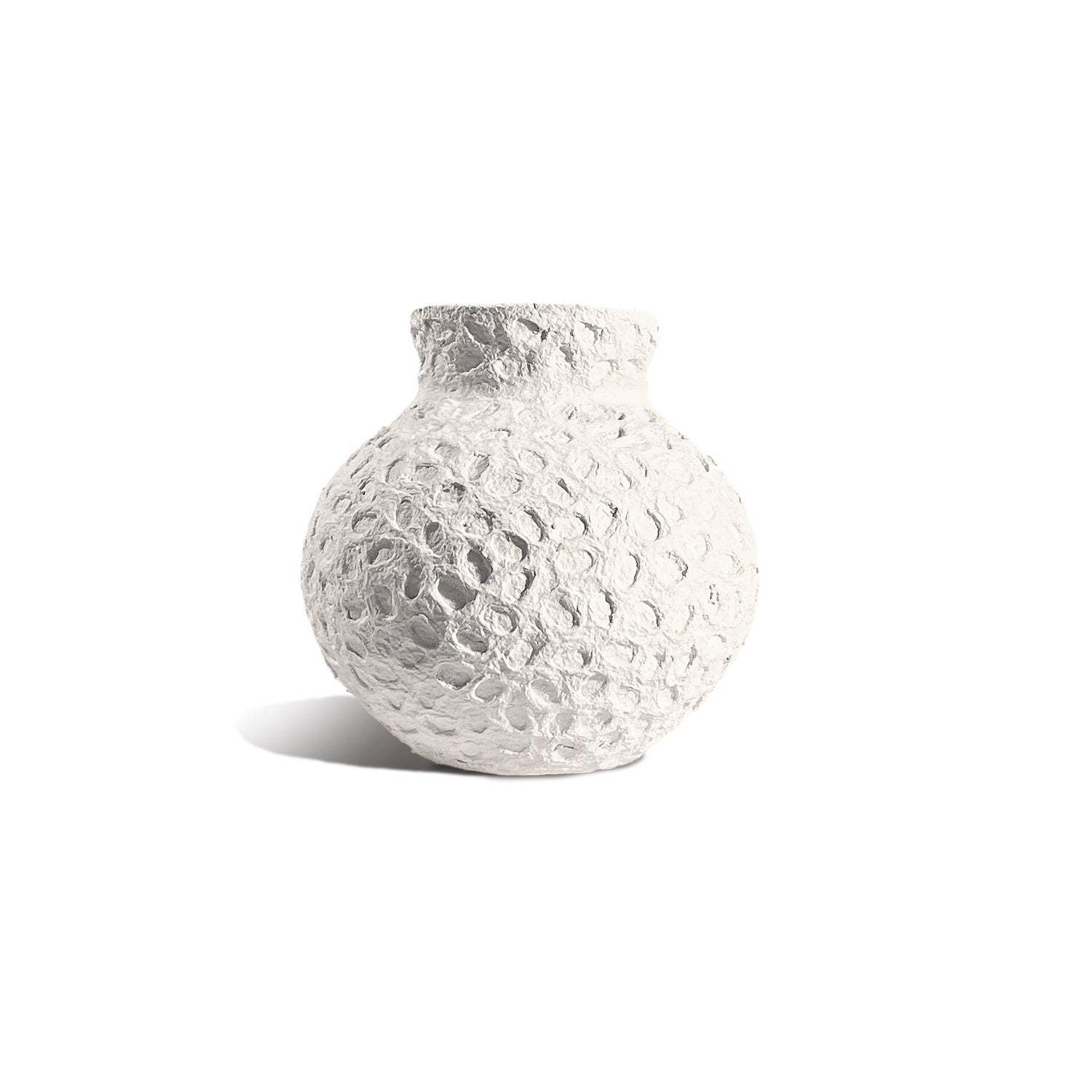 Recycled Cotton Round Vase in Eggshell, honeycombed textured surface, shown on a white background.
