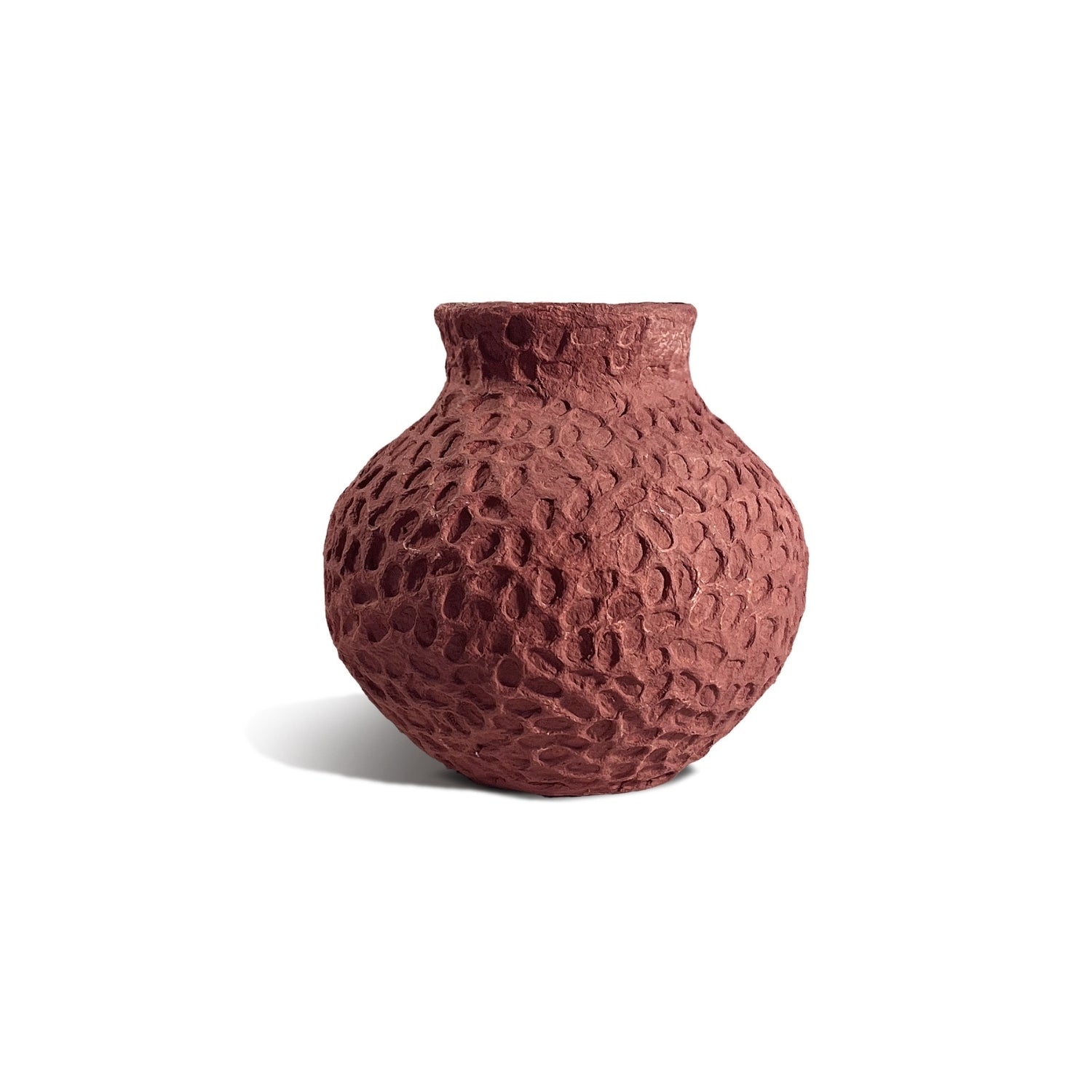 Recycled Cotton Round Vase in Rust, honeycombed textured surface, shown on a white background.
