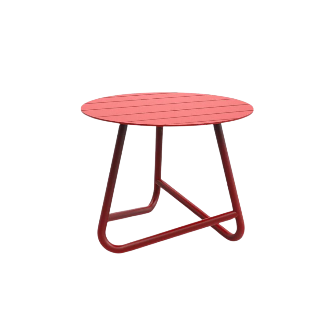 A small round red metal side table with a simplistic and modern design, suitable for outdoor use.