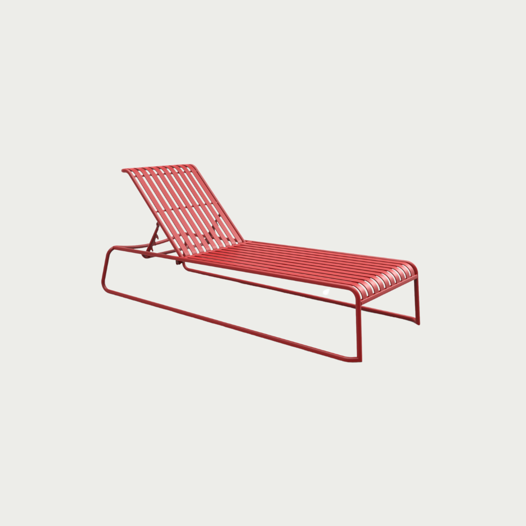 Red metal Brighton sun bed with an adjustable backrest, placed against a white background.