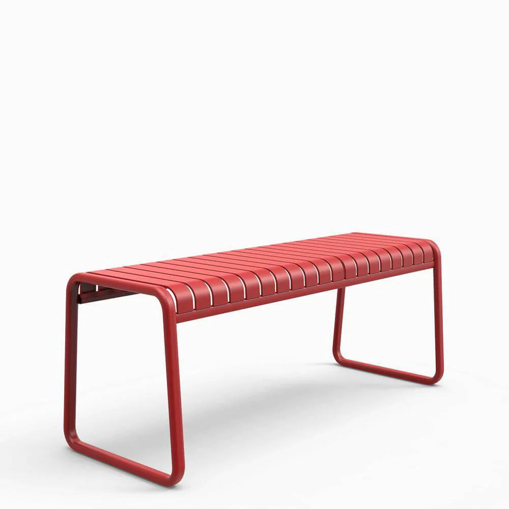 Red outdoor bench seat by Zaneti that is durable and sold in Geelong 