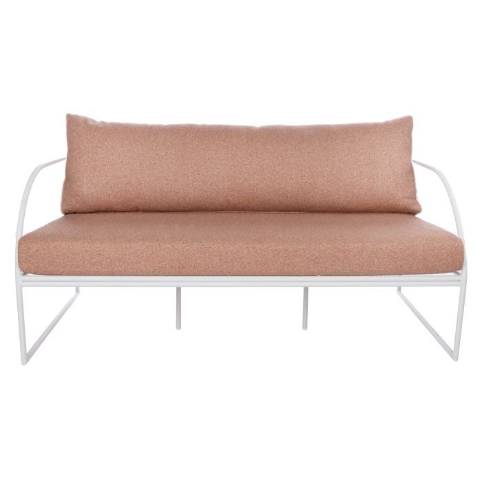 Reeve Outdoor 2 Seater Sofa in Coral Pink, white metal frame with plush cushions and white piping.