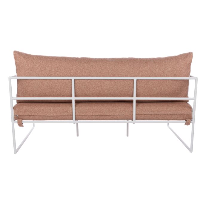 Reeve Outdoor 2 Seater Sofa in Coral Pink, white metal frame with plush cushions and white piping.