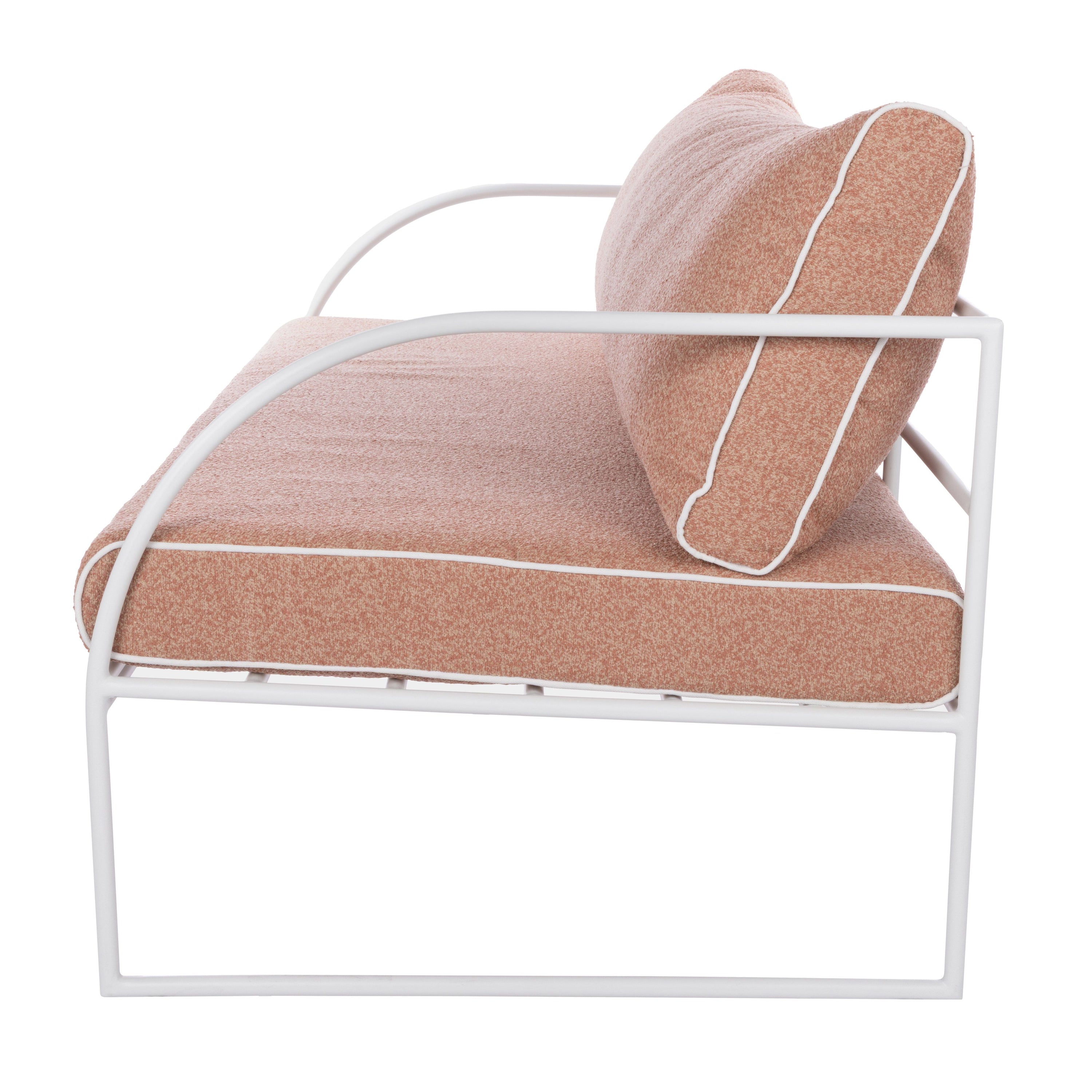 Reeve Outdoor 2 Seater Sofa in Coral Pink, white metal frame with plush cushions and white piping.