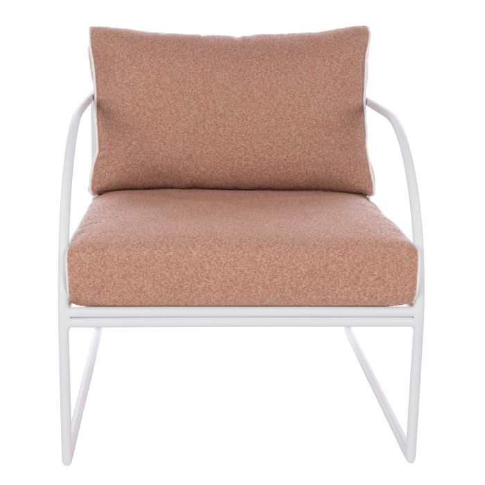 Reeve Outdoor Armchair in Coral Pink, white metal frame with plush cushions and white piping.