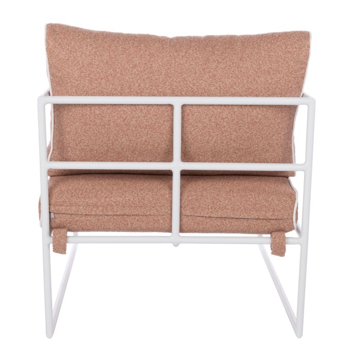 Reeve Outdoor Armchair in Coral Pink, white metal frame with plush cushions and white piping.