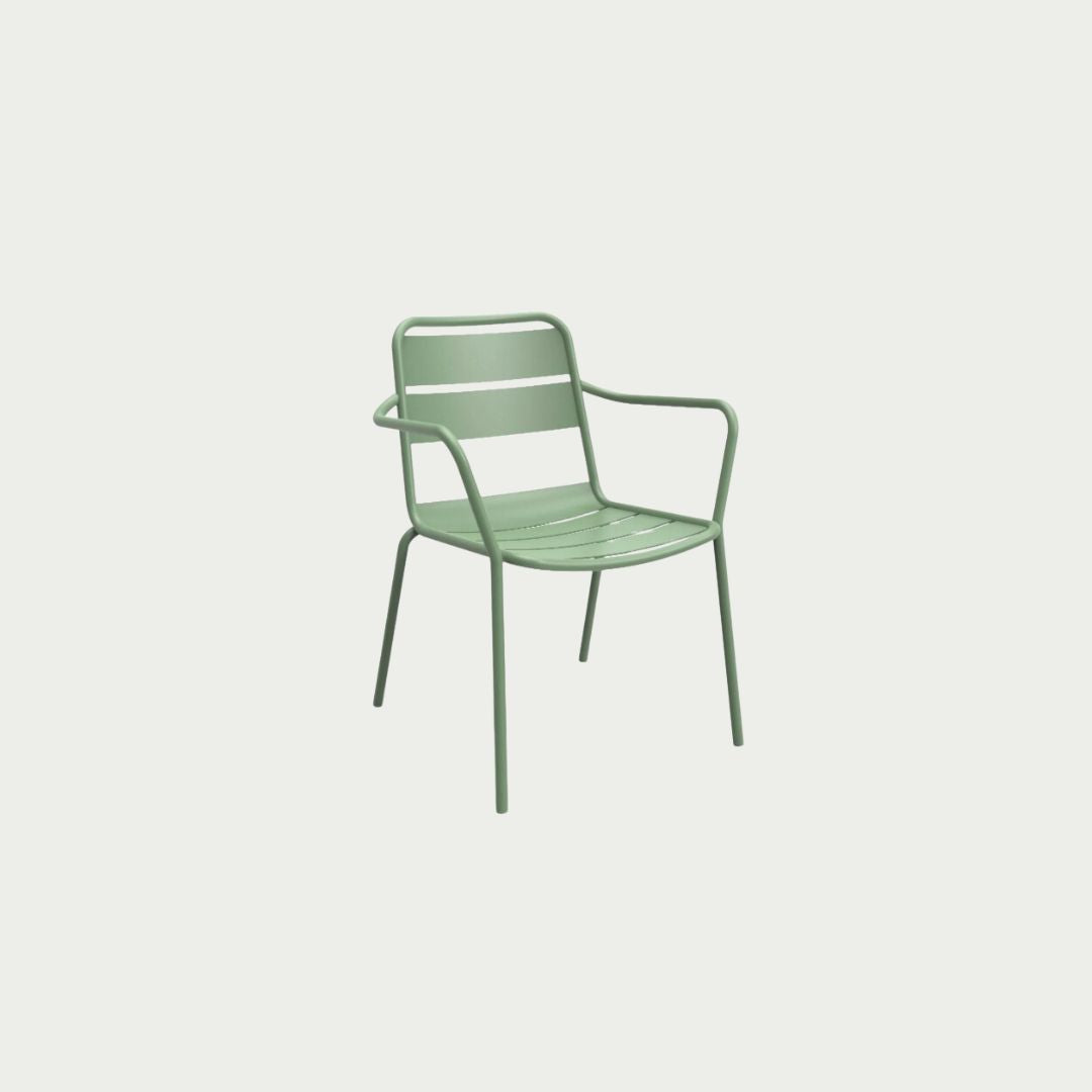 A green Sprout Armchair with a textured finish and minimalistic design, suitable for outdoor use.