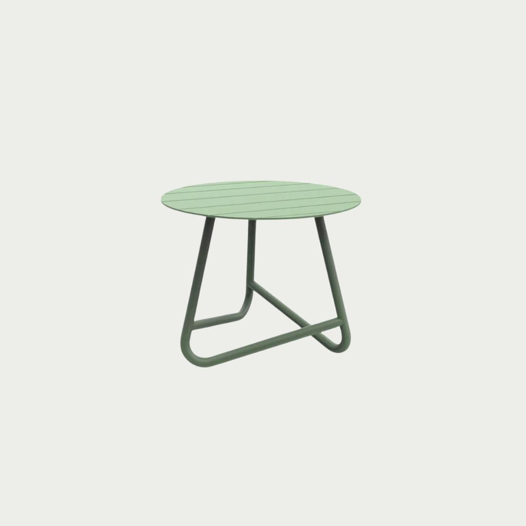 A small round green metal side table with a simplistic and modern design, suitable for outdoor use.