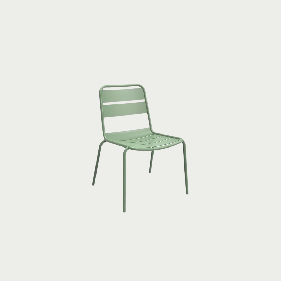 A green metal Sprout Chair with a minimalistic design, suitable for outdoor use.